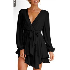 NEW Dress Deep V-Neck Long Sleeve Waist Tie Ruffle Mini Swing S NO BELT
